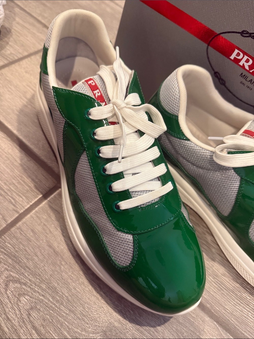Prada Men’s Green Patent & White Mesh Low-Top Sneakers - Picture 2 of 9